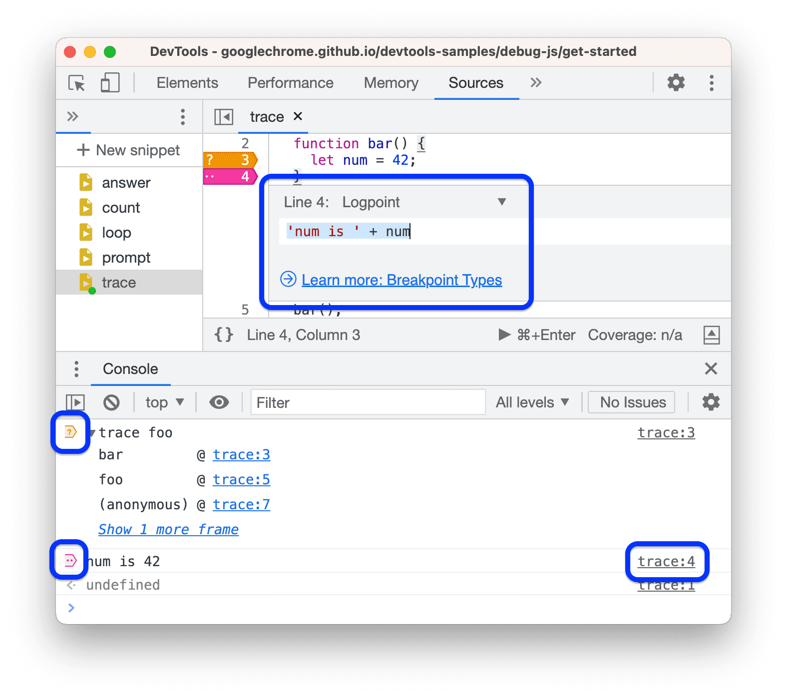 La console marque les messages créés par des points d&#39;arrêt conditionnels et des points de journalisation.