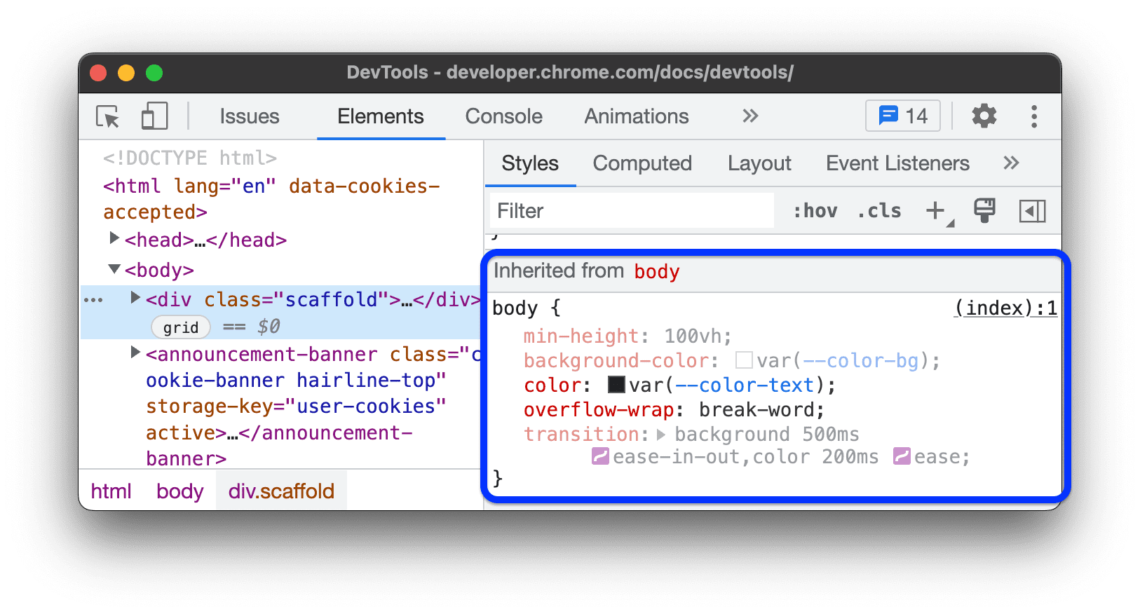 La section &quot;Hérité du corps&quot; liste les CSS hérités et non hérités.
