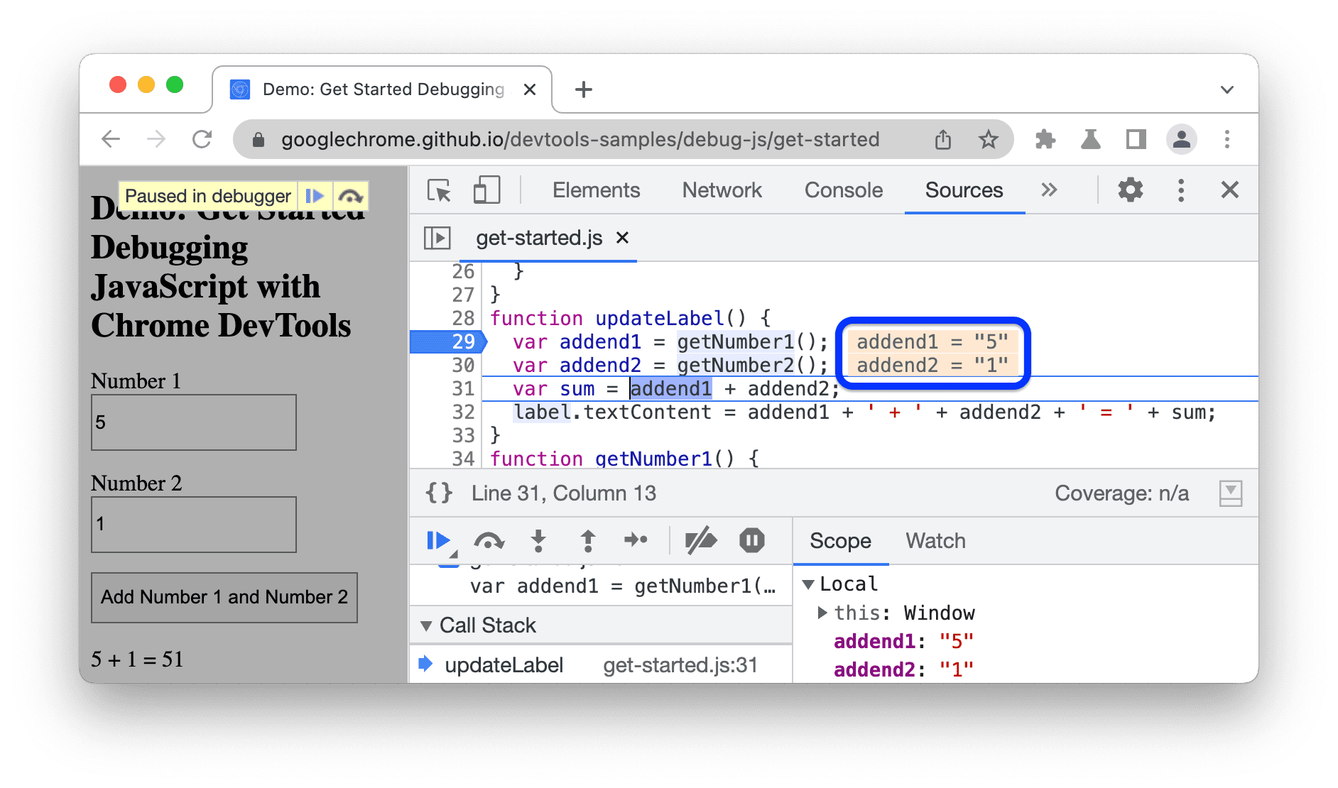 Il debugger in pausa durante l'esecuzione della funzione mostra i valori delle variabili accanto agli enunciati di assegnazione.
